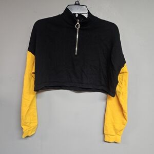 Forever 21 Women's Small Black and Yellow Cropped Sweatshirt 1/4 Zip Oversized